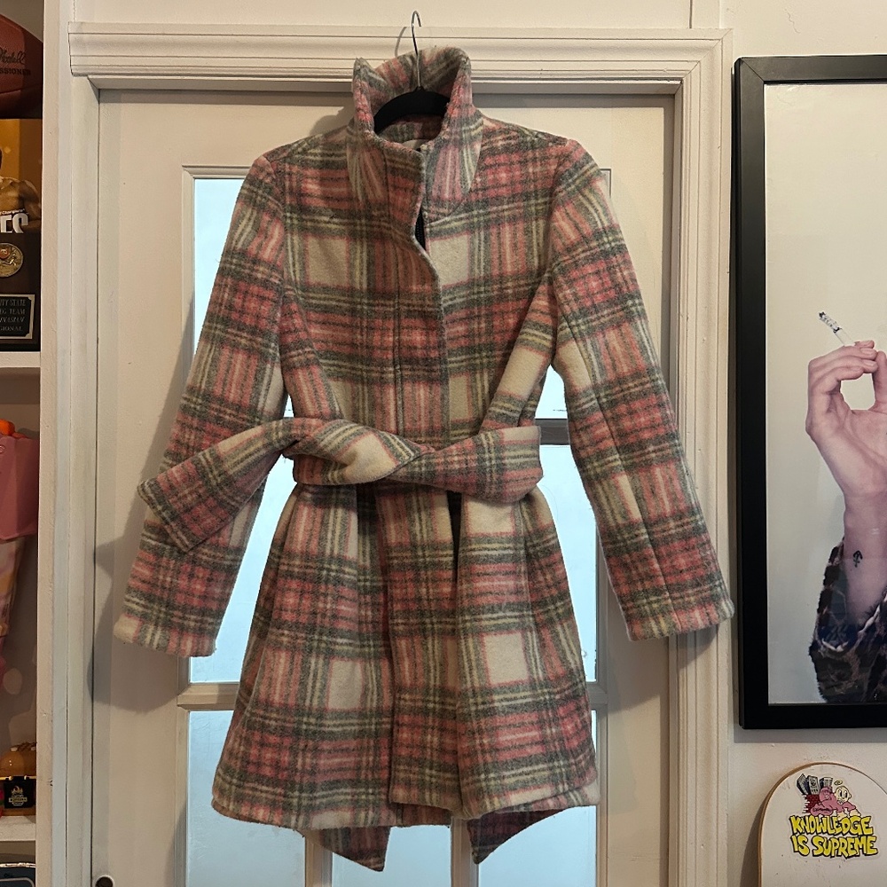 Chalk Plaid Trench Coat With Self Belt